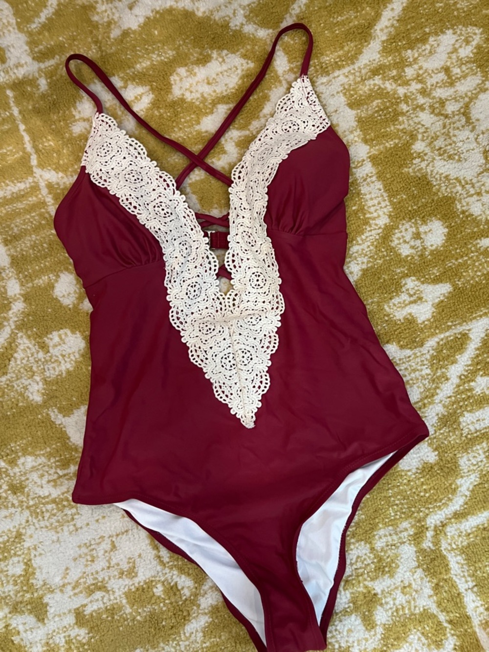Burgundy One-Piece Swimsuit with Cream Crochet Plunge